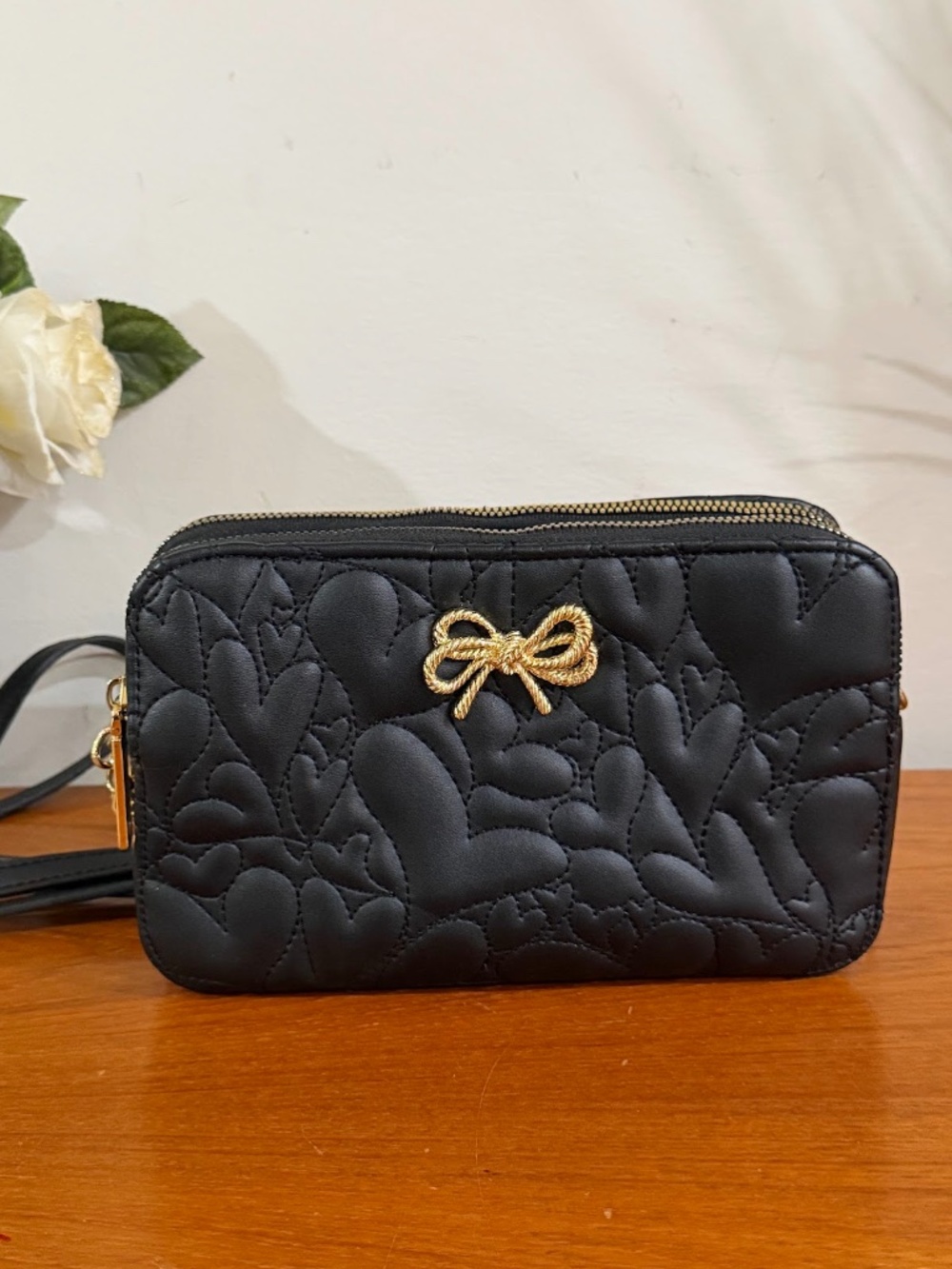 Betsey Johnson "Kara" Quilted Hearts Camera Crossbody Bag